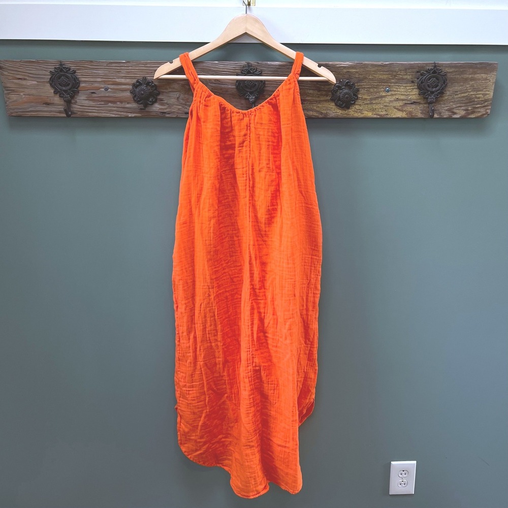Old Navy Blazing‎ Orange Cotton Gauze Shirred Neck Tie Back Midi Dress Womens M